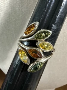 925, Sterling Silber Multi Bernstein Blatt Ring Gr. 9,5 Baltischer, polnischer Bernstein - Bild 1 von 7