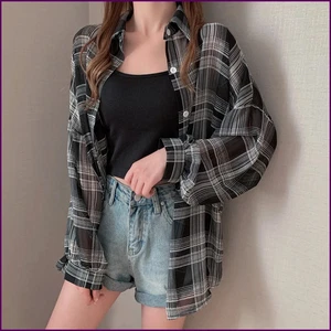Camicia a quadri in chiffon trasparente da donna blusa oversize con colletto e bottoni estiva - Foto 1 di 32