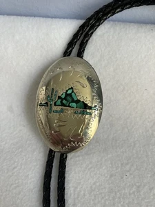 Silver,Turquoise,malachite Hand Made Bolo Tie,Southwest,Cactus,Mountain.Leather - Picture 1 of 6