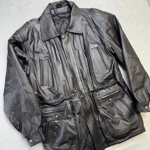 Vintage Leather Jacket Adult L/XL Black Quilt Lined Field Parka Full Zip Cinched - Picture 1 of 16