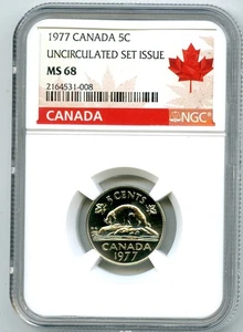 1977 CANADA 5 CENT NICKEL NGC MS68 UNCIRCULATED SET ISSUE COIN - Picture 1 of 2