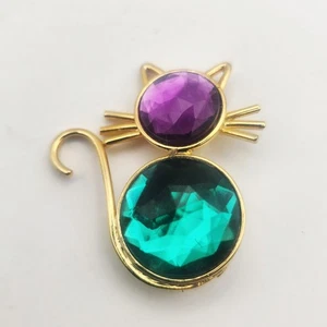 Goldfarbene Katze Brosche lila grün Edelsteine skurril Tier Anstecknadel Schmuck - Bild 1 von 5