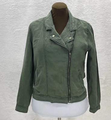 Cynthia Rowley 100% Linen Asymmetrical Zip Moto Jacket Sz S Green Core Utility - Image 1 of 4