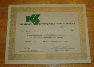 Vintage 1981 Kelly Springfield Tire Co. Apprentice Training Program Certificate - Picture 1 of 3