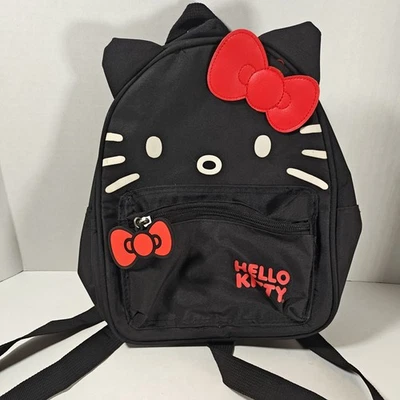 Sanrio HELLO KITTY Mini Mochila Negra Correas Ajustables Rojo Arco Cremallera Auténtica Foto 1 de 4