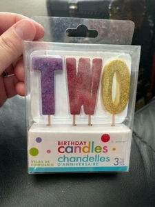 Amscan "Two" 2nd Birthday Glitter Letter Candles 3ct. Cake Topper New!!! - Picture 1 of 2