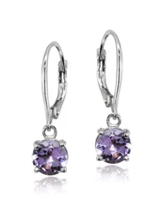 14K White Gold Over .925 Sterling Silver Leverback Genuine Amethyst Earrings - Picture 1 of 10