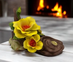 Napoleon Capodimonti Porcelain Flower Yellow Red Brown Branch Open Bud Large - Picture 1 of 20