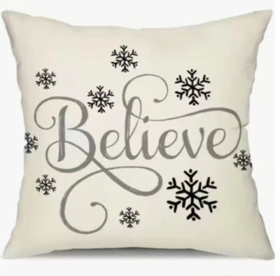 BELIEVE Snowflake Christmas Linen Throw Pillow Cover Winter Holiday Home Decor - Image 1 of 4