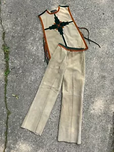 Vintage 1970s Leather Women’s Two Piece Set Top and Pants Retro Hippie 70s - Picture 1 of 18