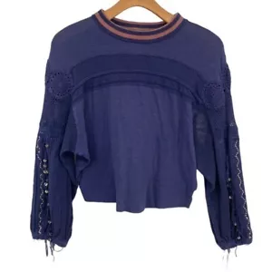 Free People Marrakech Top Womens XS Midnight Navy Sweater Embellished Boho - Picture 1 of 15