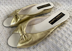 Vintage 1970s Jacques Levine Gold Metallic Leather Bedroom Slippers Mule Size 10