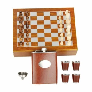 Acero Inoxidable Madera Ajedrez 237ml Cuero Hip Termo Set Con Embudo Y 4 Tazas - Imagen 1 de 7