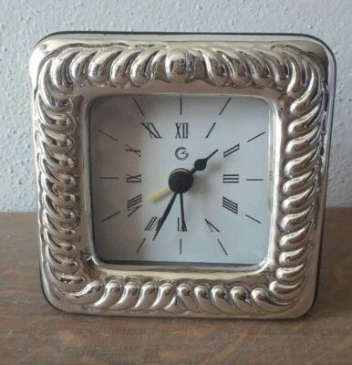 Orologio Sveglia Movimento al Quarzo cornice Argento 925 Usata legno - Immagine 1 di 4