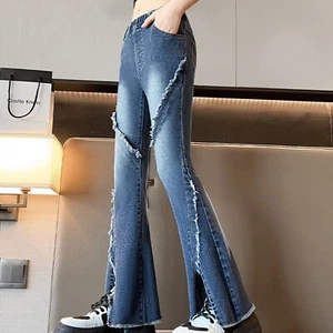 Girls Casual Skinny Bell-Bottom Denim Pants Kids High Waist Slit Flared Jeans - Picture 1 of 21