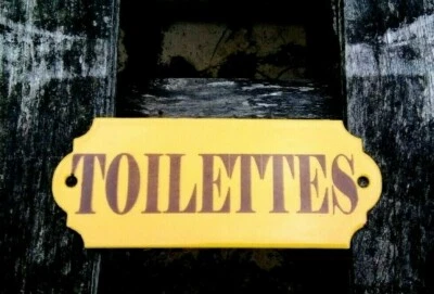 ARÉMAIL EMALIA PLAQUE DE PORTE EMAILLEE Toilettes Jaune Orangé EMAIL VERITABLE FABR. EN FRANCE