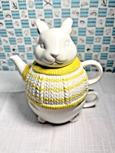 Decorative Rabbit teapot for one with cup- 3 part- yellow and white VGC - Picture 1 of 11