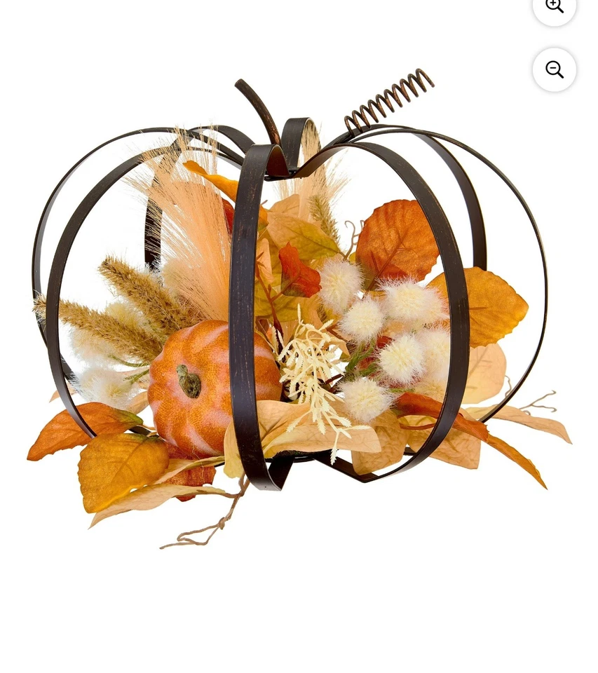 Metal Pumpkin with Fall Foliage Tabletop Decor, Orange & Cream, 10.5", Celebrate - Image 1 of 1