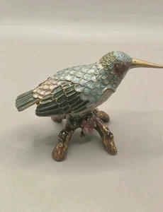 Vintage Champlevé Enamel Kingfisher Bird - Trinket / Pill Jewellery Box - Picture 1 of 7