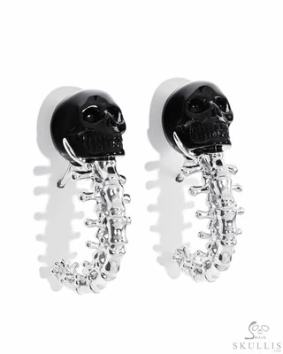 黑色黑曜石手工雕刻水晶头骨耳环,头骨首饰 — 第 1/2 张图片