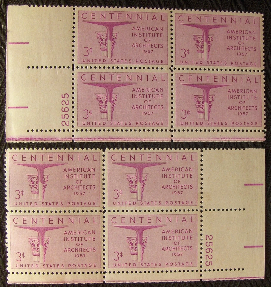 US 3¢ stamp SC #1089 Institute of Architects 2 matching plate blocks MNH 1957. - Image 1 of 1