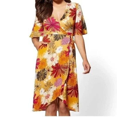NEW YORK & CO Classic Wrap Dress Women's S Yellow Pink floral Short Flare Sleeve - Image 1 of 4