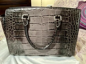 Michael Kors Large “Selma” Satchel Handbag In Gray Ombre Embossed Croc Leather - Picture 1 of 18