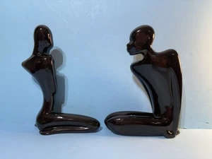 Vtg Art Deco Black Glazed Ceramic Nubian And Man Woman 10" Figurine Set 1980s - Picture 1 of 9