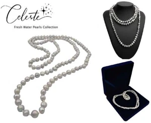 120cm Real Fresh Water Pearl 925 Silver Necklace Grey Ring Baroque Gift Celeste - Foto 1 di 12