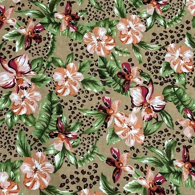 6 Yards Hawaiian Flowers Coral Brown Floral Printed Rayon Blend Fabric 56” Wide - Image 1 of 4