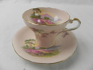 AYNSLEY Bone China England Pink w/ Lake Mountain Forest Garden Cup & Saucer - Picture 1 of 13