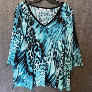 Susan Graver Bluse Damen Plus 2X Blau Pailletten V-Ausschnitt Struktur Animal Print Top - Bild 1 von 10