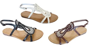 New Women's Sandals T-Strap Rhinestone Gladiator Flat Sandals (8044) - Picture 1 of 5