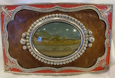 Hebilla de cinturón vintage años 70 Western rojo esmalte vaquera vaquero encaje ágata montaña Foto 1 de 4