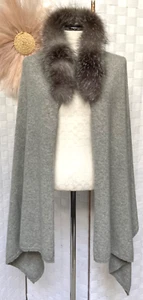 Poncho Cashmirini lana cashmere seta pelliccia di volpe grigio maglione mantello Italia taglia OS FXD - Foto 1 di 15