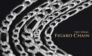 Real Sterling Silver Mens Diamond Cut Figaro Chain Necklace 925 Italy-All sizes - Picture 1 of 16