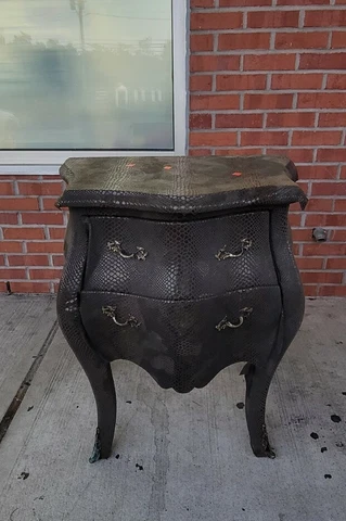 Pair Of Louis XV Style Bombe Commode Rapped In Olive Green Faux Snakeskin Cover