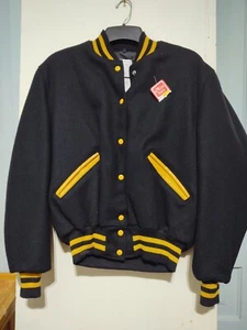 Vtg Delong Varsity Letterman Jacket Black Wool Sleeves Gold Accents USA Sz 40 - Picture 1 of 4