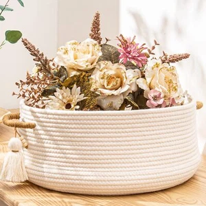 16"x8" Woven Storage Basket Blanket Toy Laundry Hamper Cotton Rope White - Picture 1 of 7