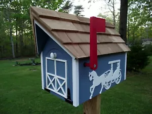 Amish handgefertigter handgefertigter ländlicher Briefkasten mit Flagge USPS Pferd & Buggy hellblau/weiß - Bild 1 von 1