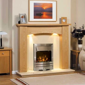 ELECTRIC SOLID OAK SURROUND CREAM MARBLE SILVER FIRE FIREPLACE SUITE LIGHTS 54" - Picture 1 of 2