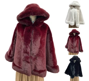 Women's Luxury Faux Fur Poncho Hooded Ladies Cozy Winter Warm Coat Cape Wrap UK - Picture 1 of 5