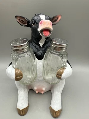Holstein Vaca Sal Pimienta Coctelera Set Rústico Granja Cocina Decoración Soporte Granja Foto 1 de 4