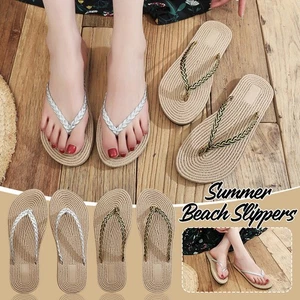 Women Beach Flip Flops Non-slip Slippers Stylish Straw Woven Flat Sandals Summer - Picture 1 of 16