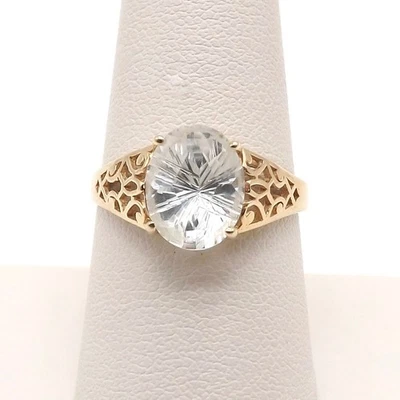 10k Gold Natural White Topaz Filigree Solitaire Ring Oval Engagement Setting sz8 - Image 1 of 4