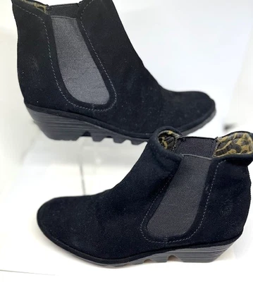 Fly London SZ 37 Phil Chelsea Boots Black Suede Wedge Comfort Lug Sole Lagenlook - Image 1 of 4