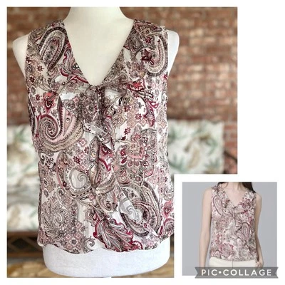 Camiseta sin mangas para mujer WHBM 2 estampado cachemir rosa metálico borgoña con volantes XS Foto 1 de 4