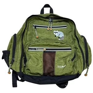 L.L. Bean Green Nylon Backpack Raccoon Embroidery Detail Rare Vintage - Picture 1 of 13