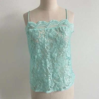 Camisola sin mangas de encaje vintage años 80 para mujer M azul encaje transparente cuello cuadrado hada Foto 1 de 4