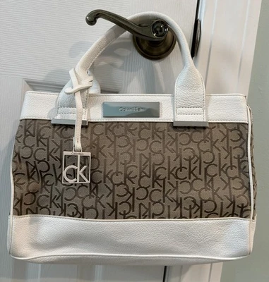 Calvin Klein Logo Jacquard City Center Zip Satchel White Bag Handbag - EUC - Image 1 of 4